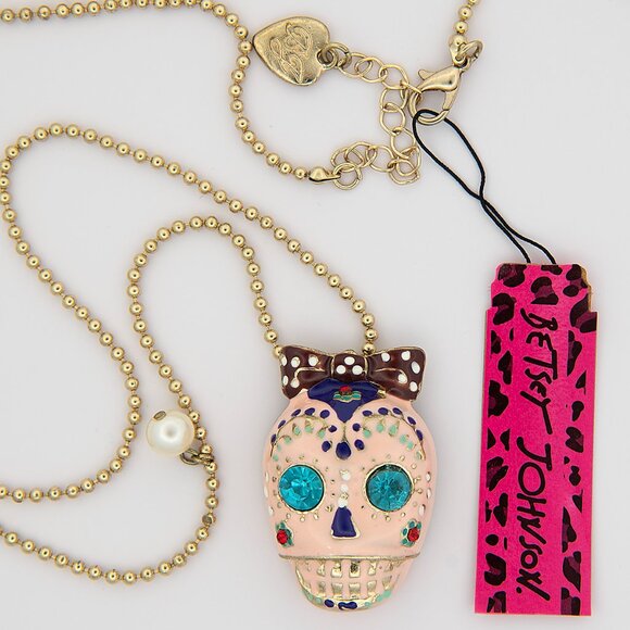 Betsey Johnson Sugar Skull Necklace | Pearl Accent & Rhinestone Eyes | Statement - Picture 4 of 7